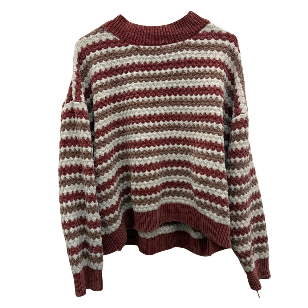 Line & Dot Women Striped Chenille‎ Mock Neck Sweater Size L Burgundy Brown Cream